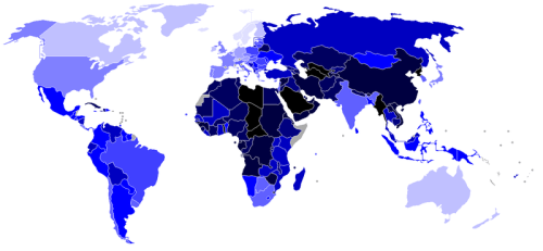 Democracy Index as published in January, 2007. The palest blue countries get a score above 9.5 out of 10 (with Sweden being the most democratic country at 9.88), while the black countries score below 2 (with North Korea being the least democratic at 0.86).